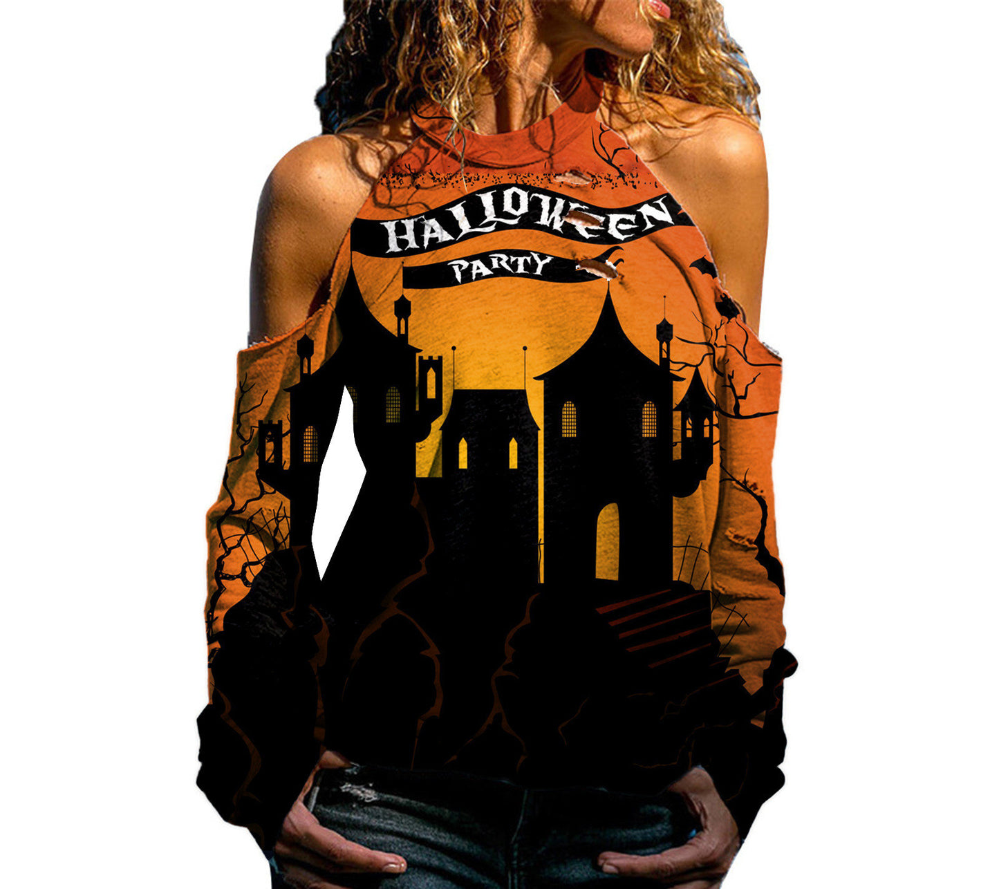 DiSandro Clothing: Women’s Off-Shoulder Halloween Print Loose-Fit T-Shirt