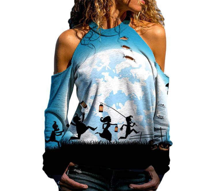 DiSandro Clothing: Women’s Off-Shoulder Halloween Print Loose-Fit T-Shirt