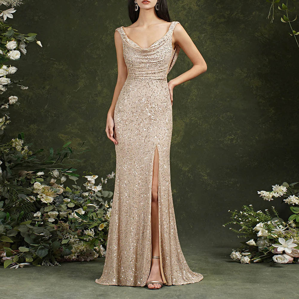 The Celeste – Sequined Cowl Neck Evening Gown
