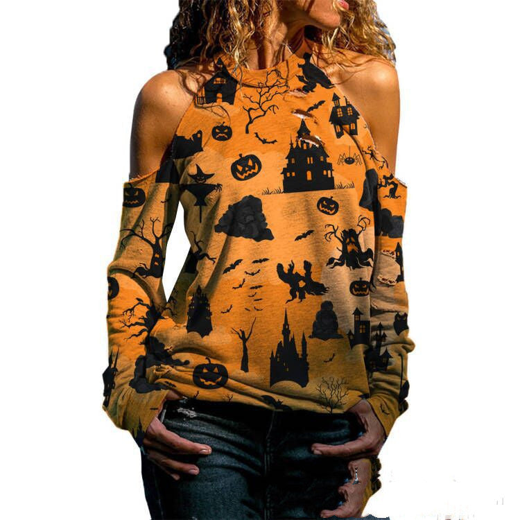 DiSandro Clothing: Women’s Off-Shoulder Halloween Print Loose-Fit T-Shirt