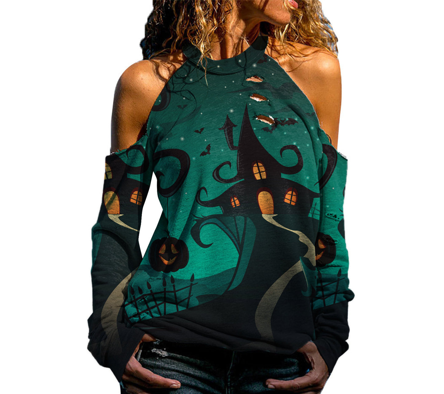 DiSandro Clothing: Women’s Off-Shoulder Halloween Print Loose-Fit T-Shirt