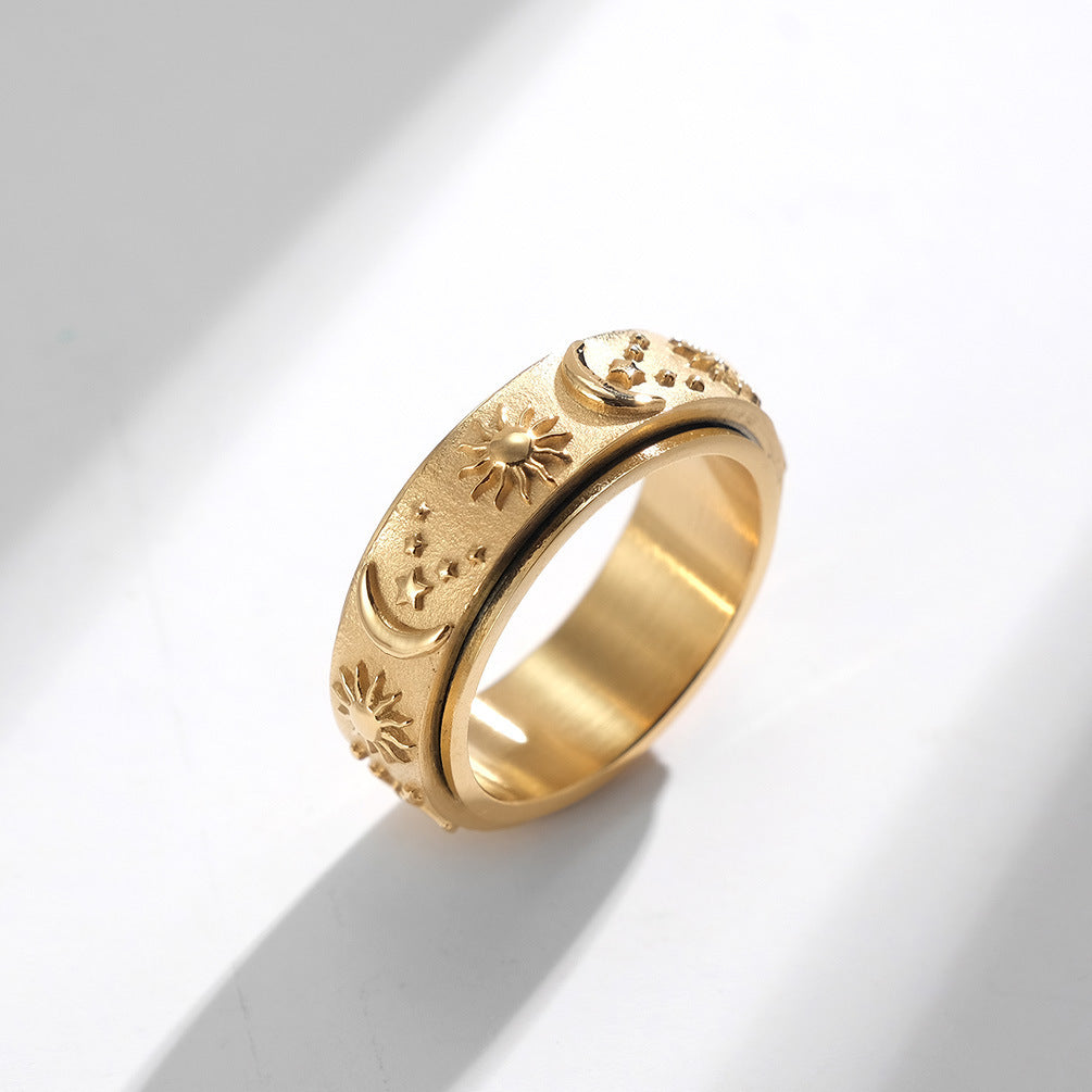 Rotatable Titanium Steel Rings with Celestial Motif