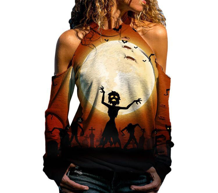 DiSandro Clothing: Women’s Off-Shoulder Halloween Print Loose-Fit T-Shirt