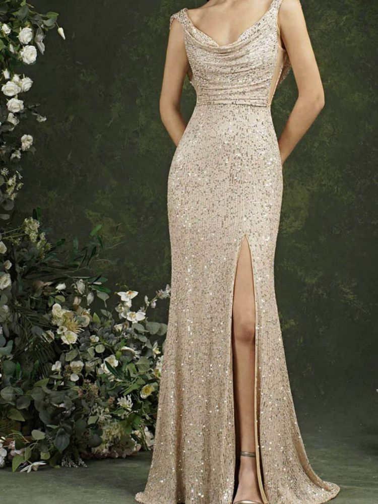 The Celeste – Sequined Cowl Neck Evening Gown