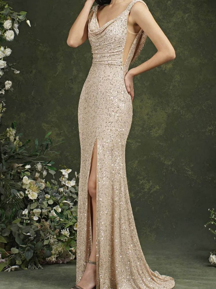 The Celeste – Sequined Cowl Neck Evening Gown