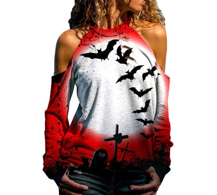 DiSandro Clothing: Women’s Off-Shoulder Halloween Print Loose-Fit T-Shirt