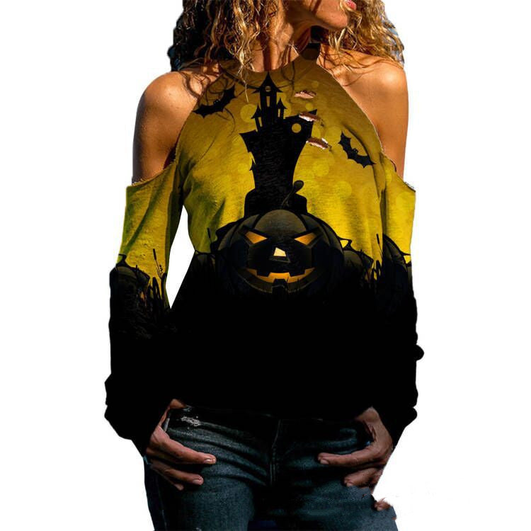 DiSandro Clothing: Women’s Off-Shoulder Halloween Print Loose-Fit T-Shirt