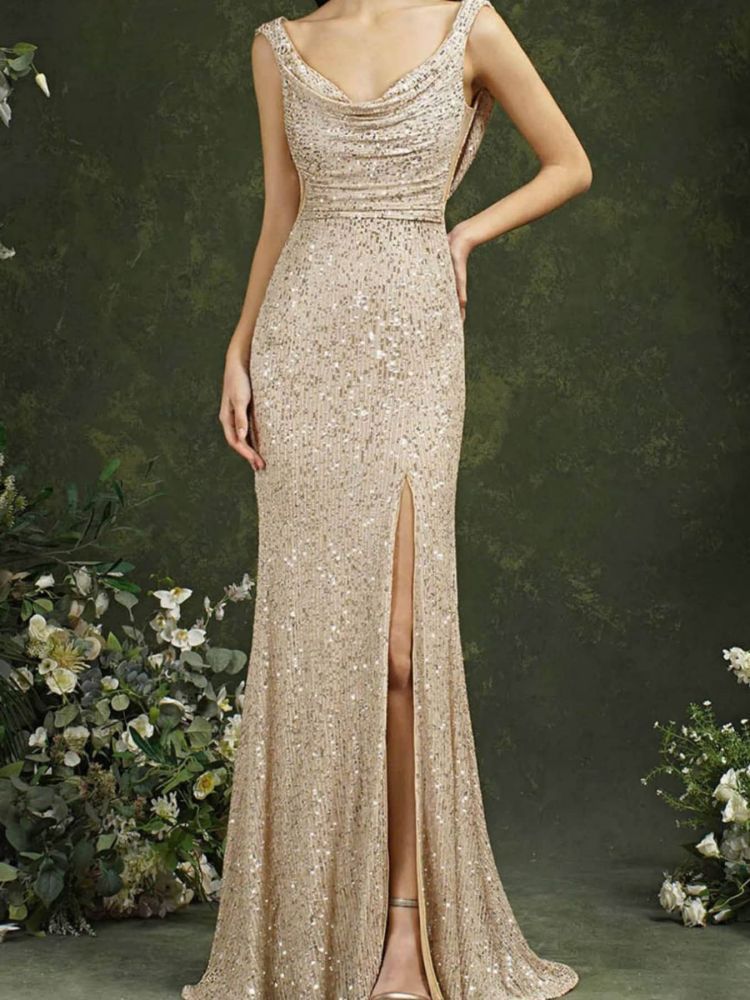 The Celeste – Sequined Cowl Neck Evening Gown