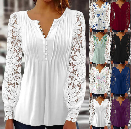 DiSandro Clothing: Women's Pleated Princess Blouse with Lace Sleeves & 3D Detail