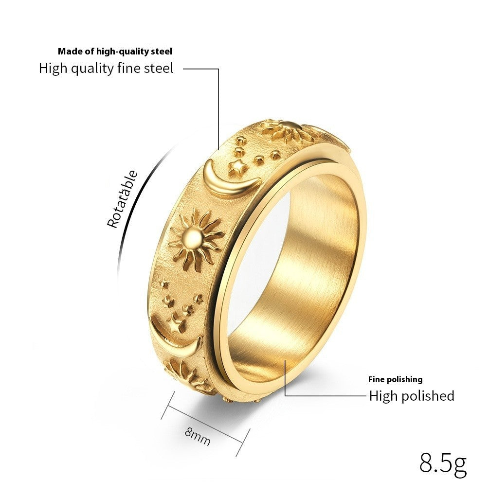 Rotatable Titanium Steel Rings with Celestial Motif