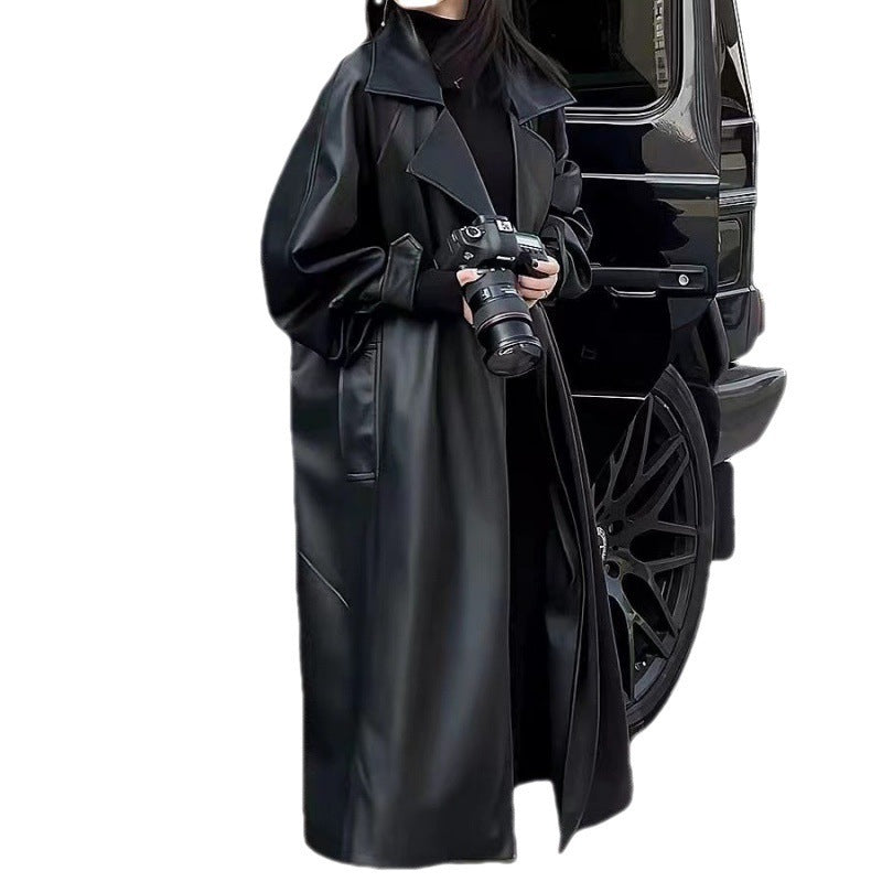 Women's Black Faux Leather Trench Coat