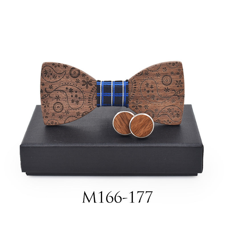 Paisley Carved Party Wood Bow Tie And Cufflinks Set