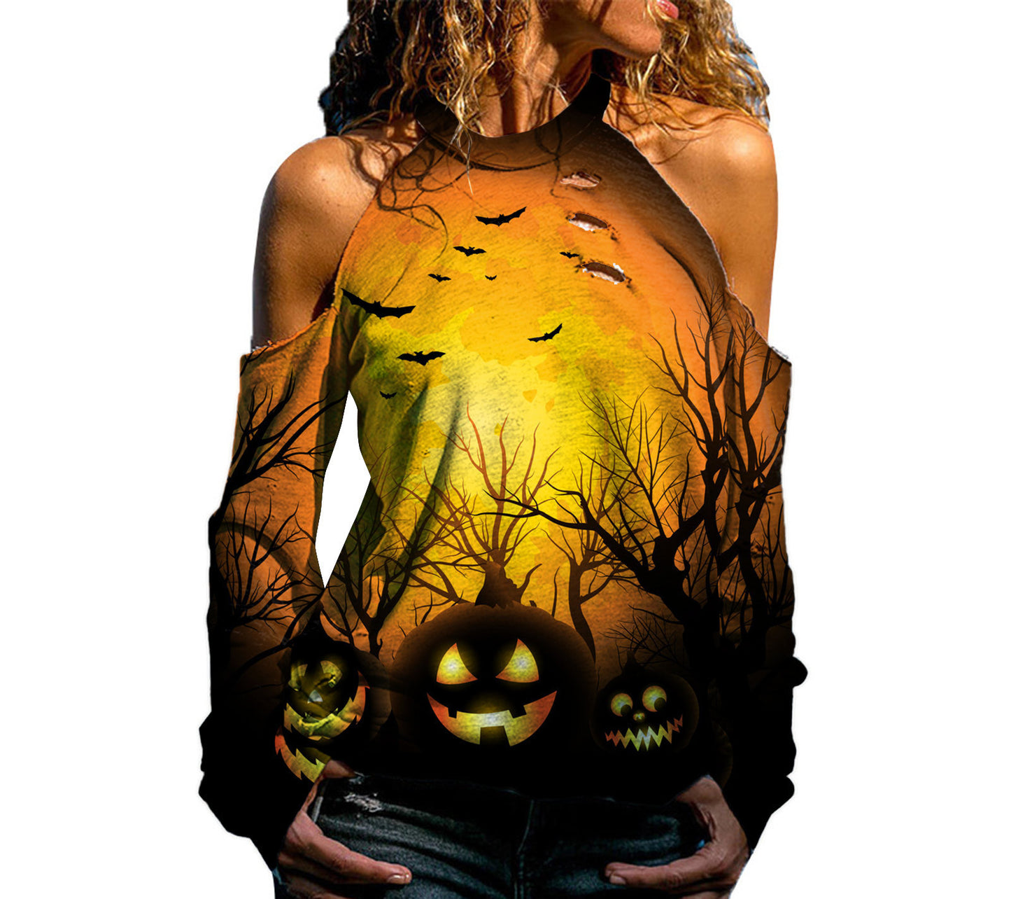 DiSandro Clothing: Women’s Off-Shoulder Halloween Print Loose-Fit T-Shirt
