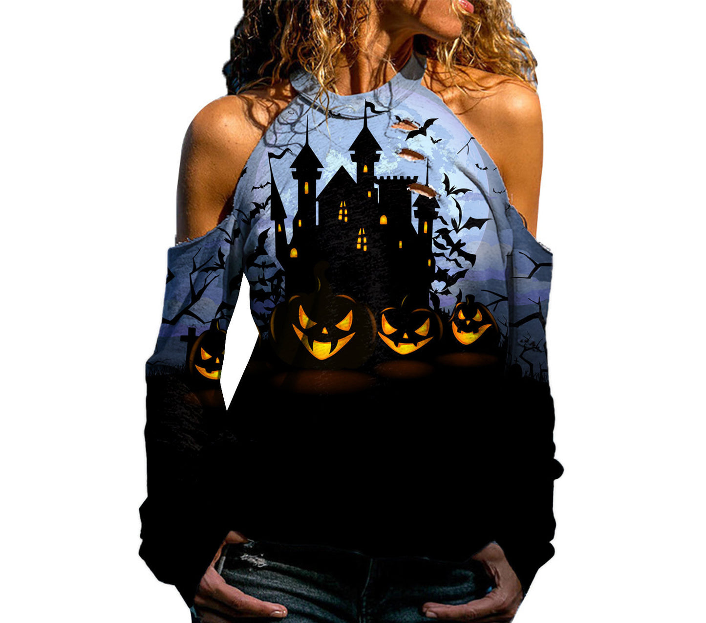 DiSandro Clothing: Women’s Off-Shoulder Halloween Print Loose-Fit T-Shirt