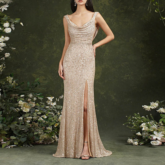 The Celeste – Sequined Cowl Neck Evening Gown