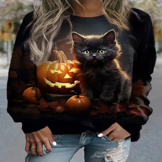 DiSandro Clothing: Women’s Halloween Pumpkin & Cat Loose Fit Sweatshirt