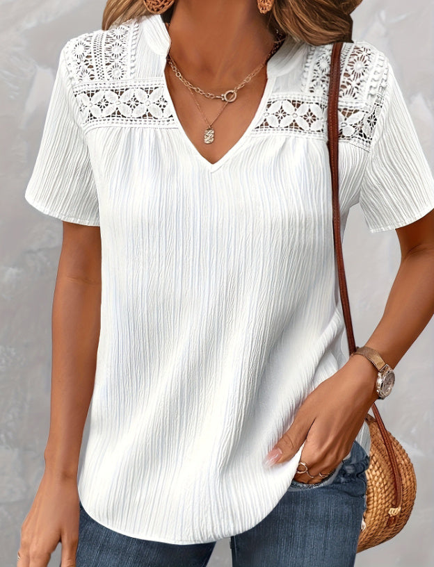 DiSandro Clothing: Women's White Lace Trim V-Neck Blouse