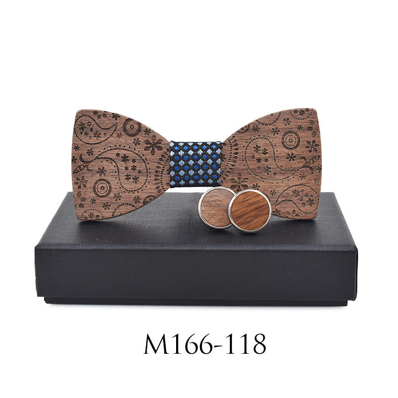 Paisley Carved Party Wood Bow Tie And Cufflinks Set