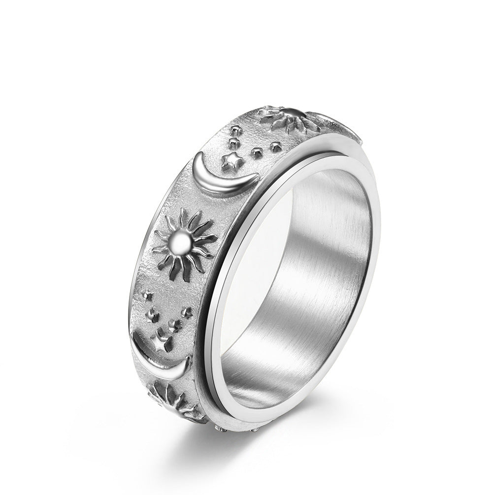 Rotatable Titanium Steel Rings with Celestial Motif