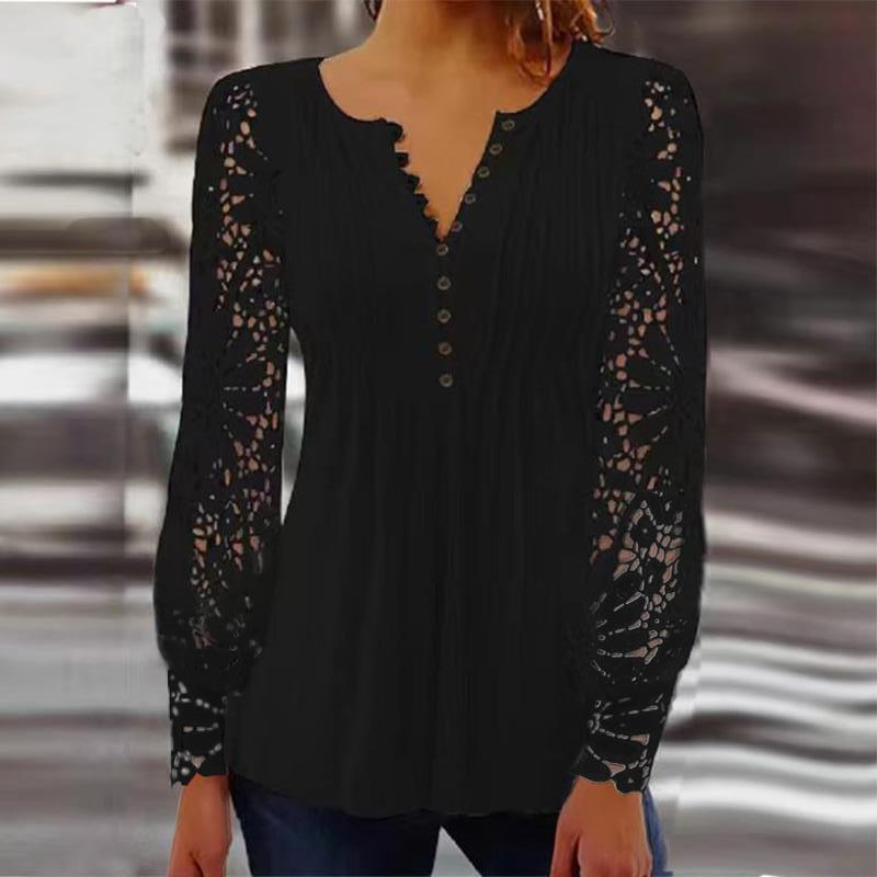 DiSandro Clothing: Women's Pleated Princess Blouse with Lace Sleeves & 3D Detail