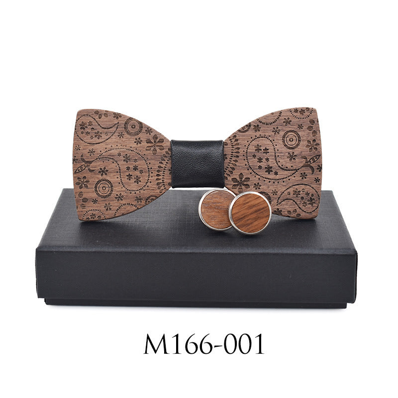Paisley Carved Party Wood Bow Tie And Cufflinks Set