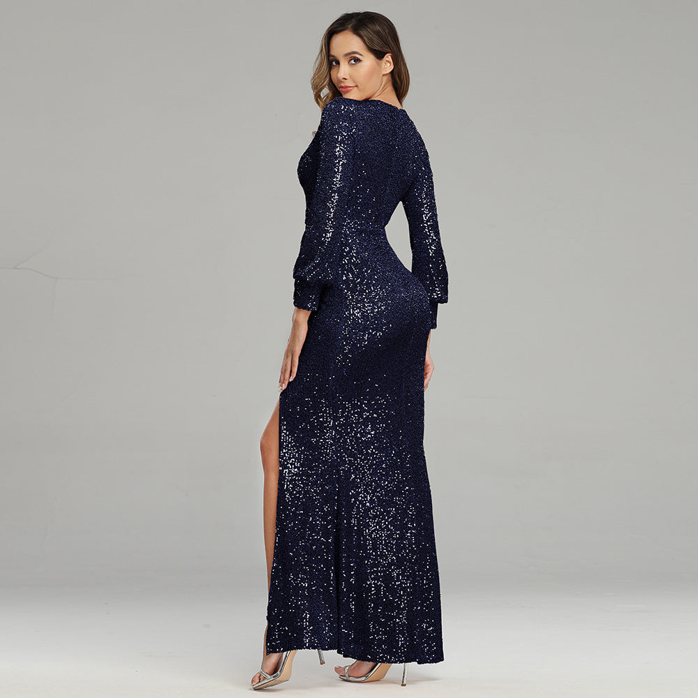 DiSandro Clothing: Long Sleeve Sequined Dress with Slit Detail