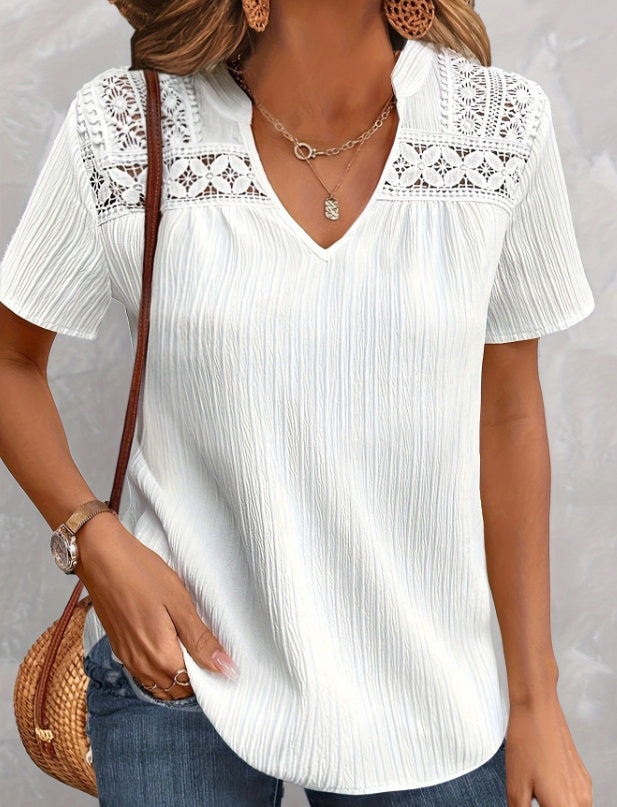 DiSandro Clothing: Women's White Lace Trim V-Neck Blouse
