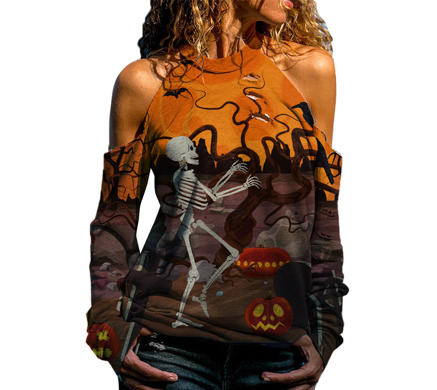 DiSandro Clothing: Women’s Off-Shoulder Halloween Print Loose-Fit T-Shirt