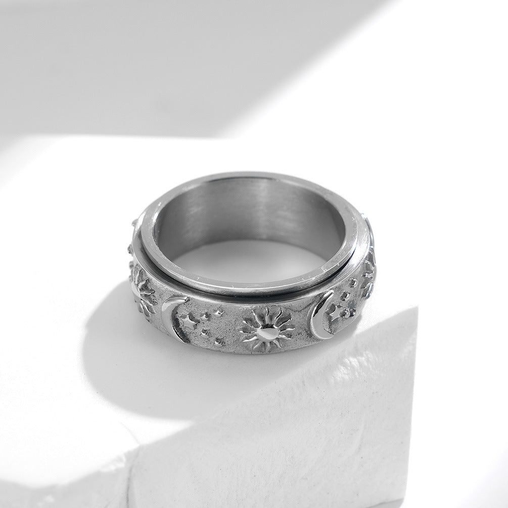 Rotatable Titanium Steel Rings with Celestial Motif