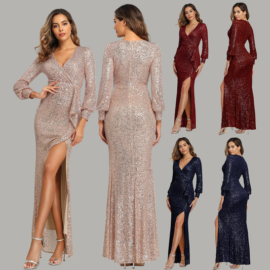 DiSandro Clothing: Long Sleeve Sequined Dress with Slit Detail