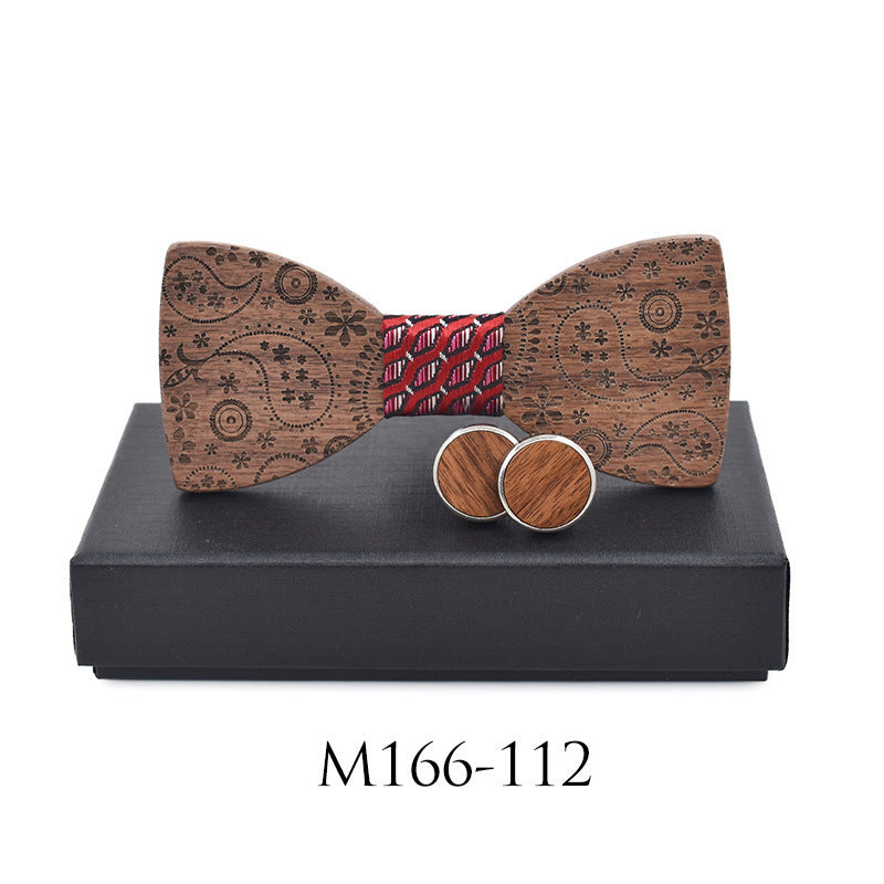 Paisley Carved Party Wood Bow Tie And Cufflinks Set