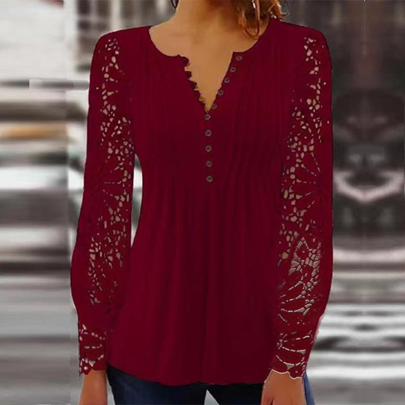 DiSandro Clothing: Women's Pleated Princess Blouse with Lace Sleeves & 3D Detail