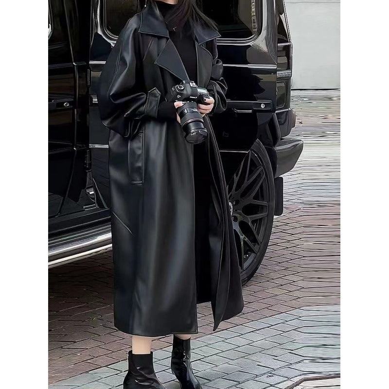 Women's Black Faux Leather Trench Coat