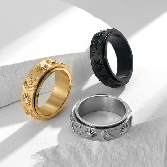 Rotatable Titanium Steel Rings with Celestial Motif