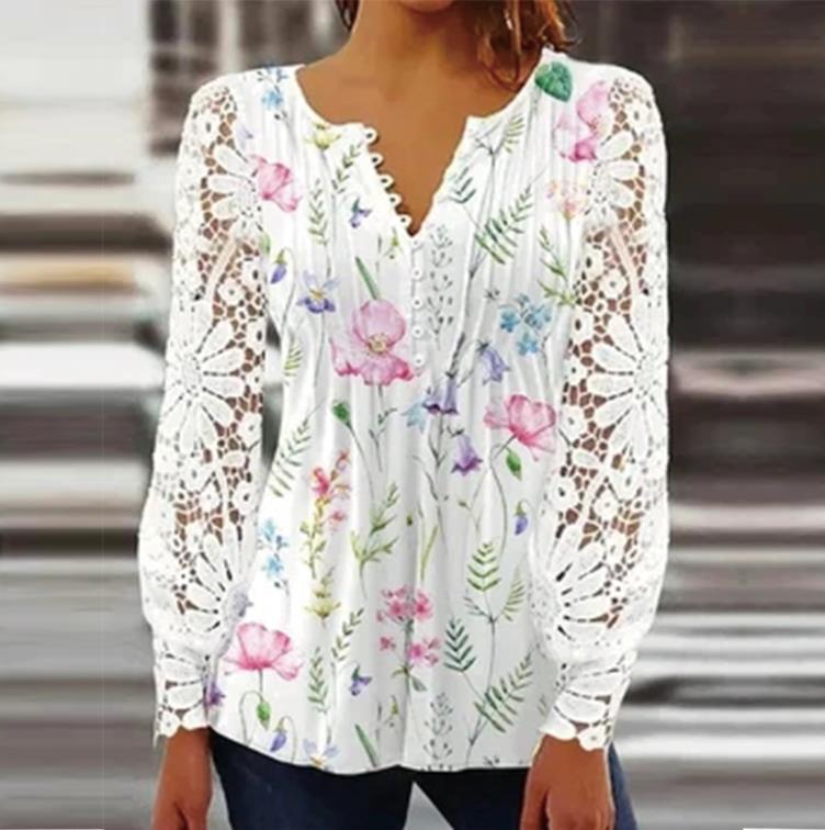 DiSandro Clothing: Women's Pleated Princess Blouse with Lace Sleeves & 3D Detail