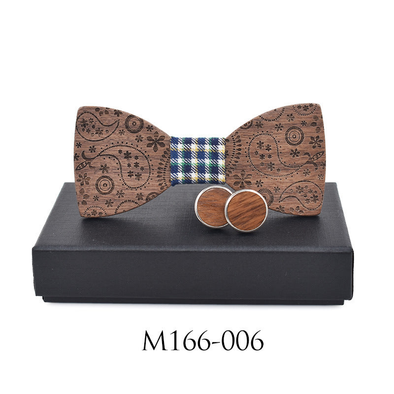 Paisley Carved Party Wood Bow Tie And Cufflinks Set