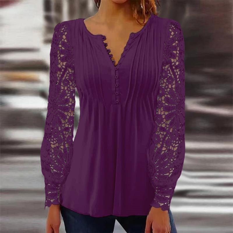 DiSandro Clothing: Women's Pleated Princess Blouse with Lace Sleeves & 3D Detail