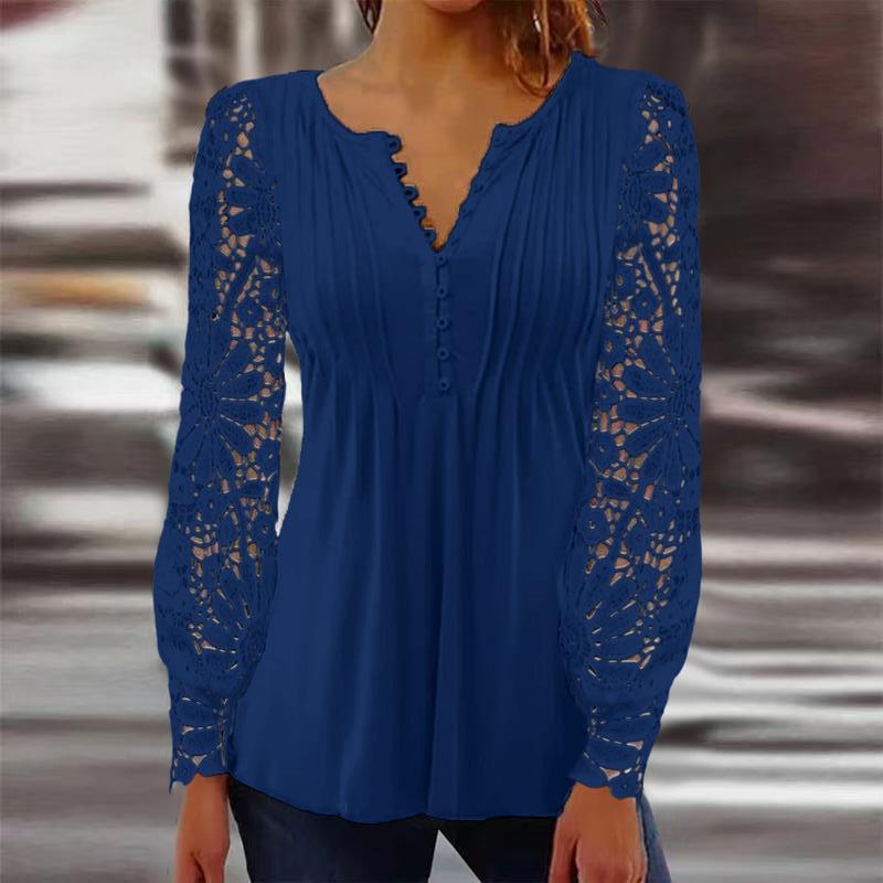 DiSandro Clothing: Women's Pleated Princess Blouse with Lace Sleeves & 3D Detail