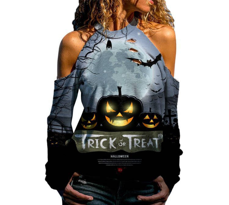 DiSandro Clothing: Women’s Off-Shoulder Halloween Print Loose-Fit T-Shirt