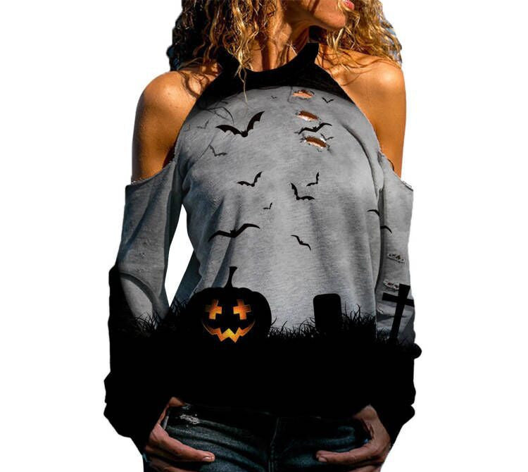 DiSandro Clothing: Women’s Off-Shoulder Halloween Print Loose-Fit T-Shirt