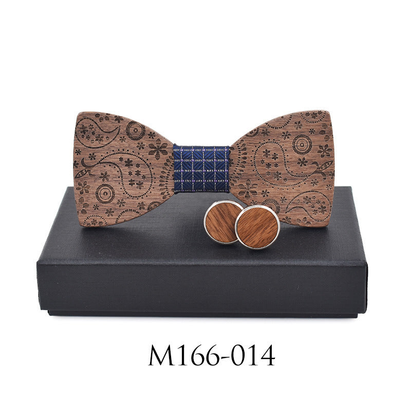 Paisley Carved Party Wood Bow Tie And Cufflinks Set