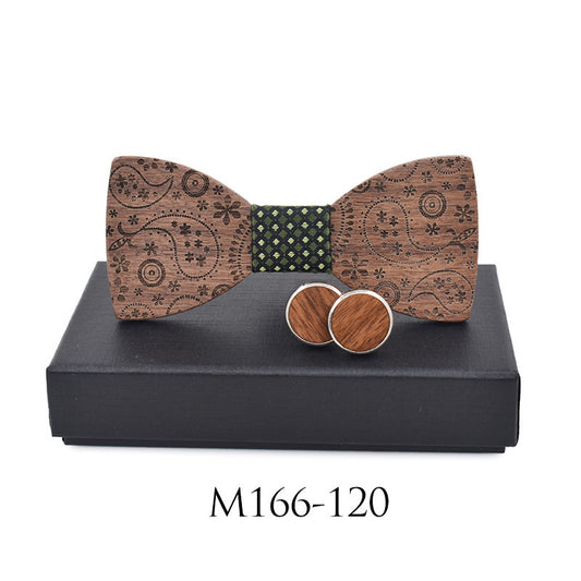 Paisley Carved Party Wood Bow Tie And Cufflinks Set