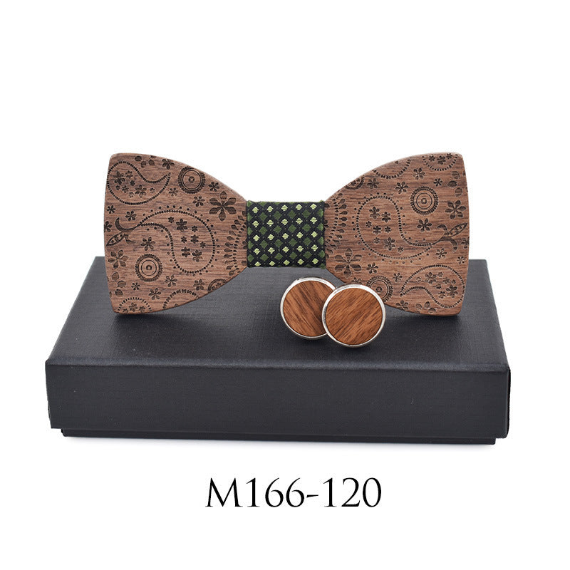 Paisley Carved Party Wood Bow Tie And Cufflinks Set
