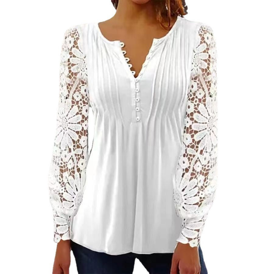 DiSandro Clothing: Women's Pleated Princess Blouse with Lace Sleeves & 3D Detail