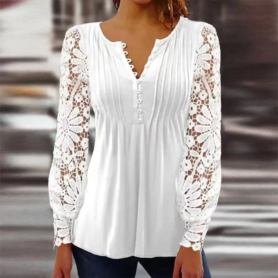 DiSandro Clothing: Women's Pleated Princess Blouse with Lace Sleeves & 3D Detail