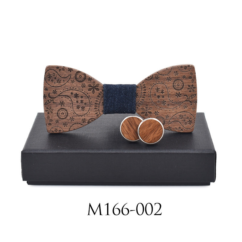 Paisley Carved Party Wood Bow Tie And Cufflinks Set