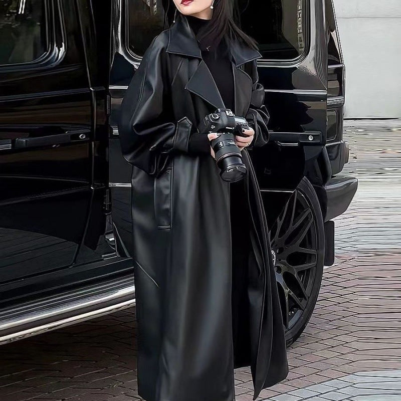 Women's Black Faux Leather Trench Coat