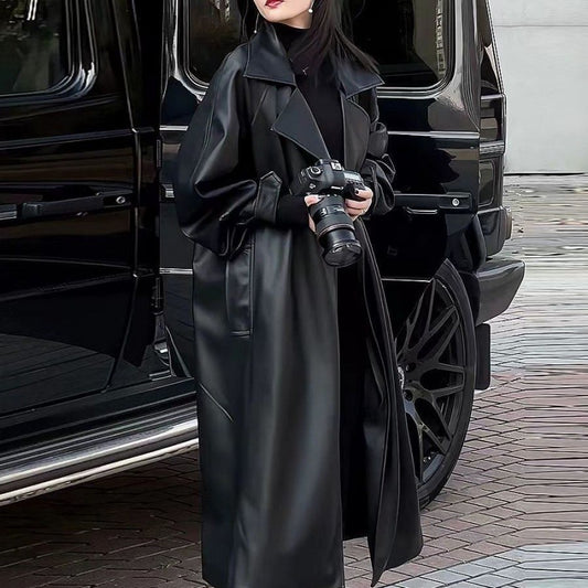 Women's Black Faux Leather Trench Coat
