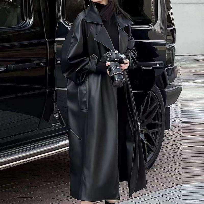 Women's Black Faux Leather Trench Coat