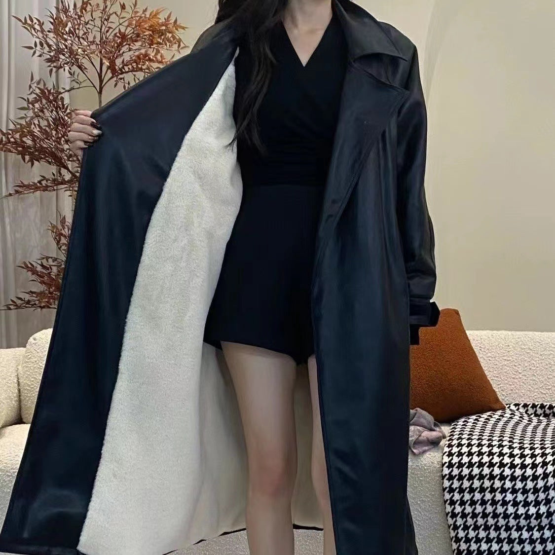 Women's Black Faux Leather Trench Coat
